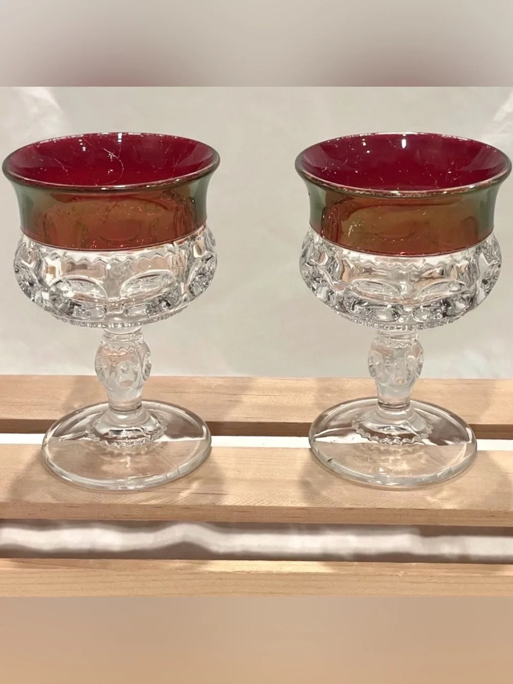 ☀️2/$20 Pair (2) Tiffin Ruby Red Kings Crown Thumbprint Cordials Small Goblets